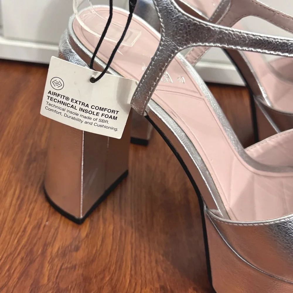 Zara Metallic Silver Platform Block Heel Sandals EU 40 Disco Party Retro Glam - Picture 5 of 12